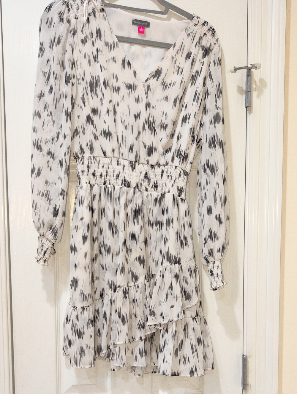Vince Camuto White and Black Printed Long-Sleeve Faux Wrap Dress